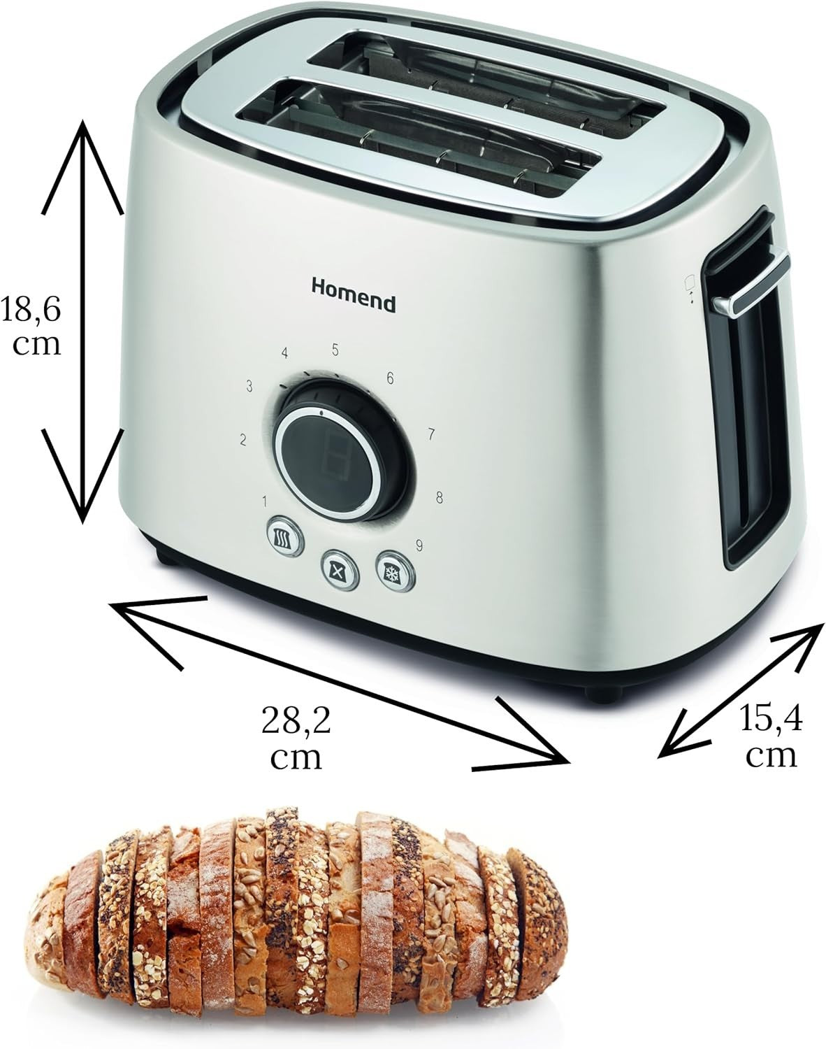Premium 2-Slice Toaster 9 Browning Levels LED Display Wide Slots Silver