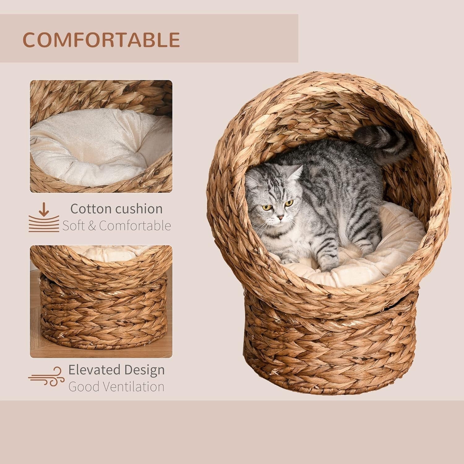 Raised Wicker Cat House Bed Water Hyacinth Basket w Soft Cushion
