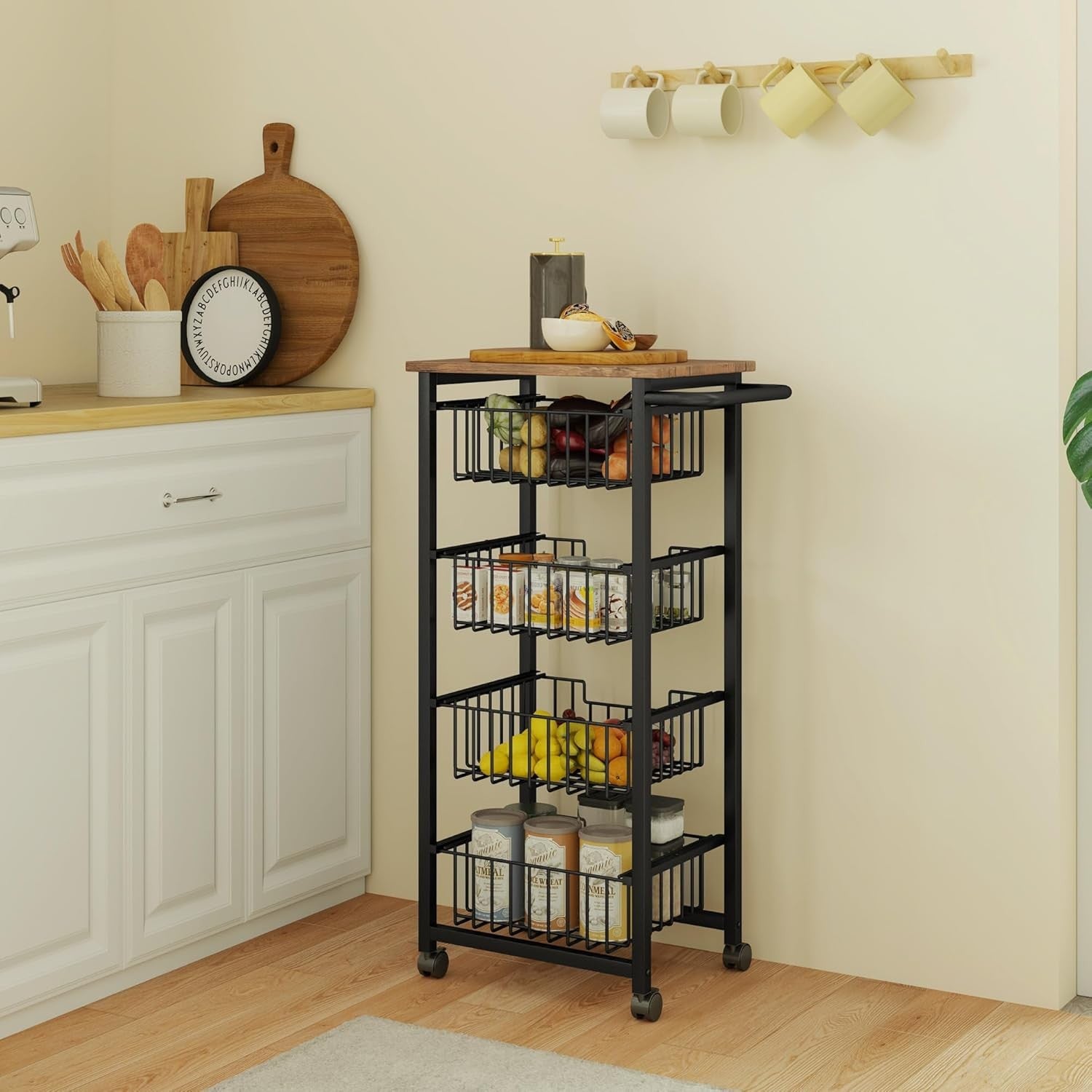 4 Tier Kitchen Storage Trolley with Pull Out Baskets Rolling Utility