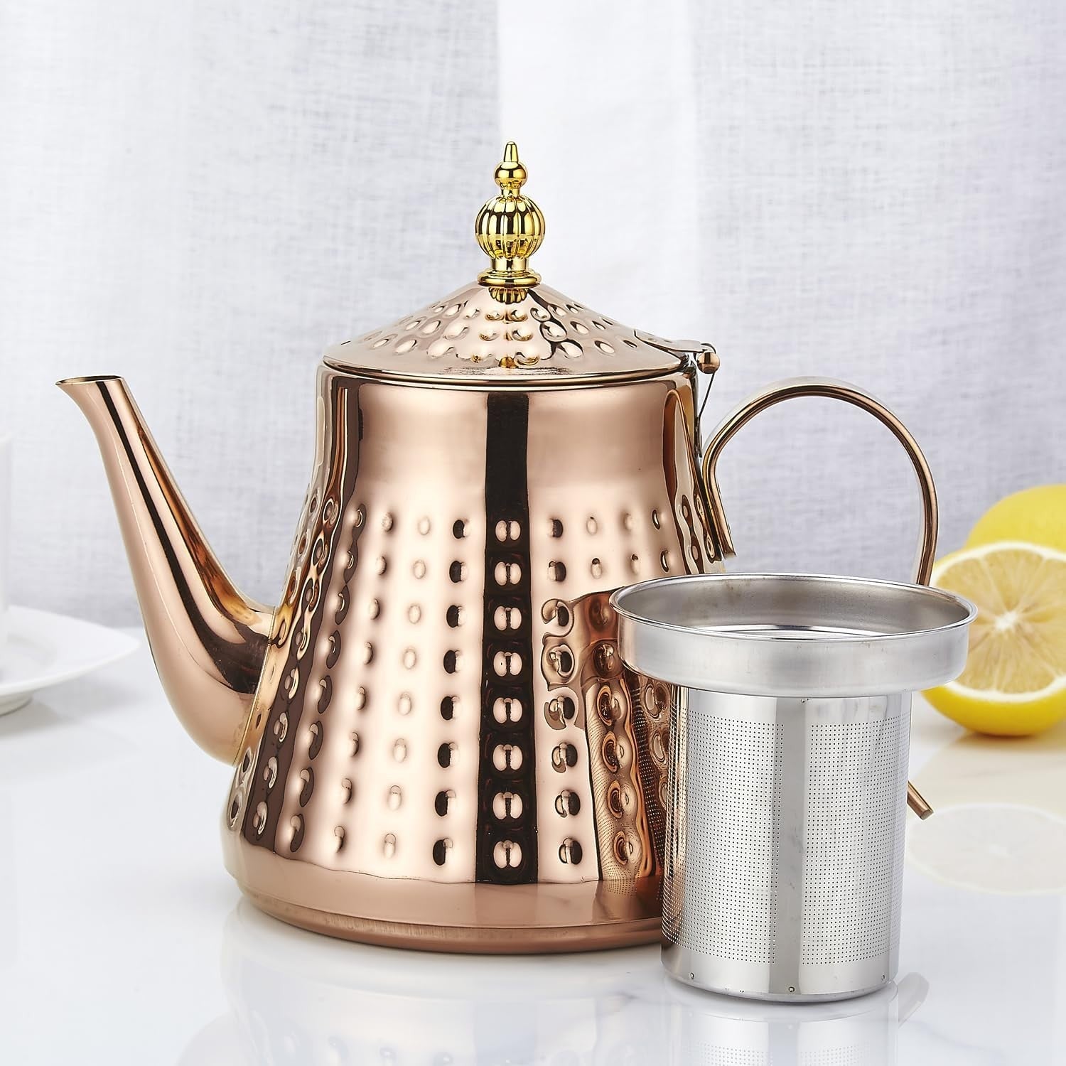 Copper Stainless Steel Teapot 40oz 1.2L w/ Infuser Hammered Finish