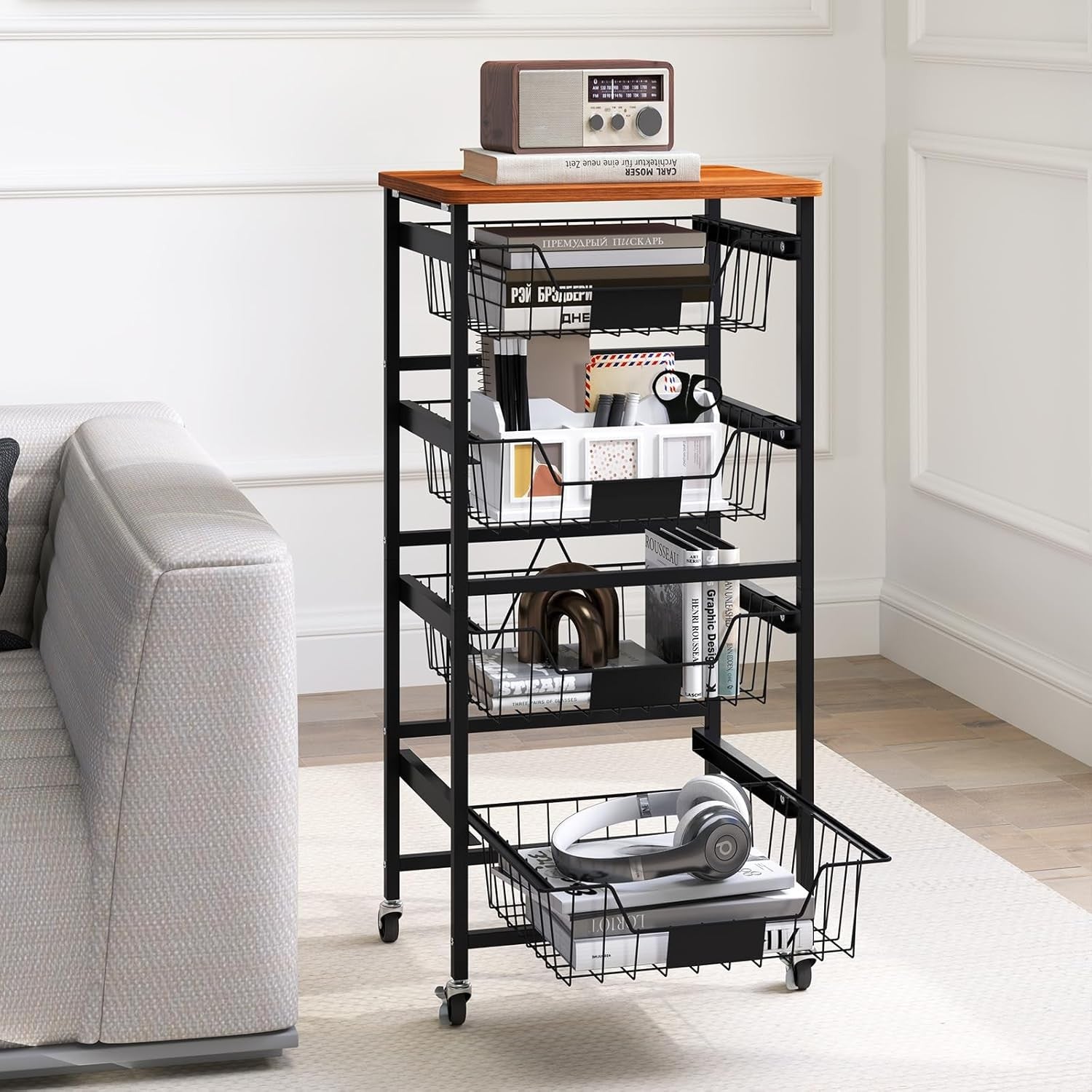 5 Tier Rolling Storage Cart Kitchen Utility Trolley Pull Out Baskets Wheels