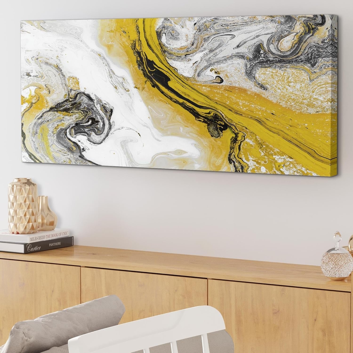 Panoramic Abstract Canvas Wall Art Yellow Grey Swirl Modern Living Room 118x49cm