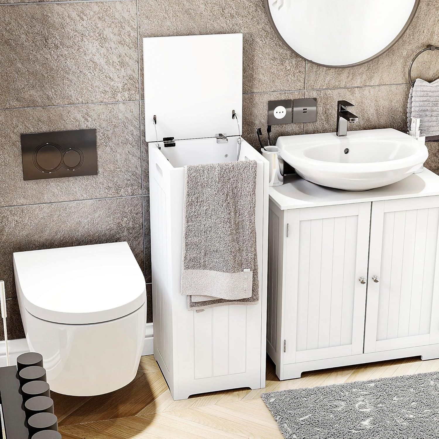 Slim White Laundry Hamper Cabinet Modern Bathroom Storage Unit 77x30x30cm