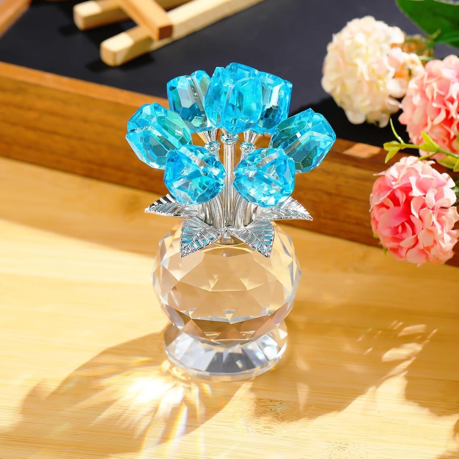 Light Blue Crystal Tulip Flowers Ornament – Luxury Glass Bouquet Gift for Her