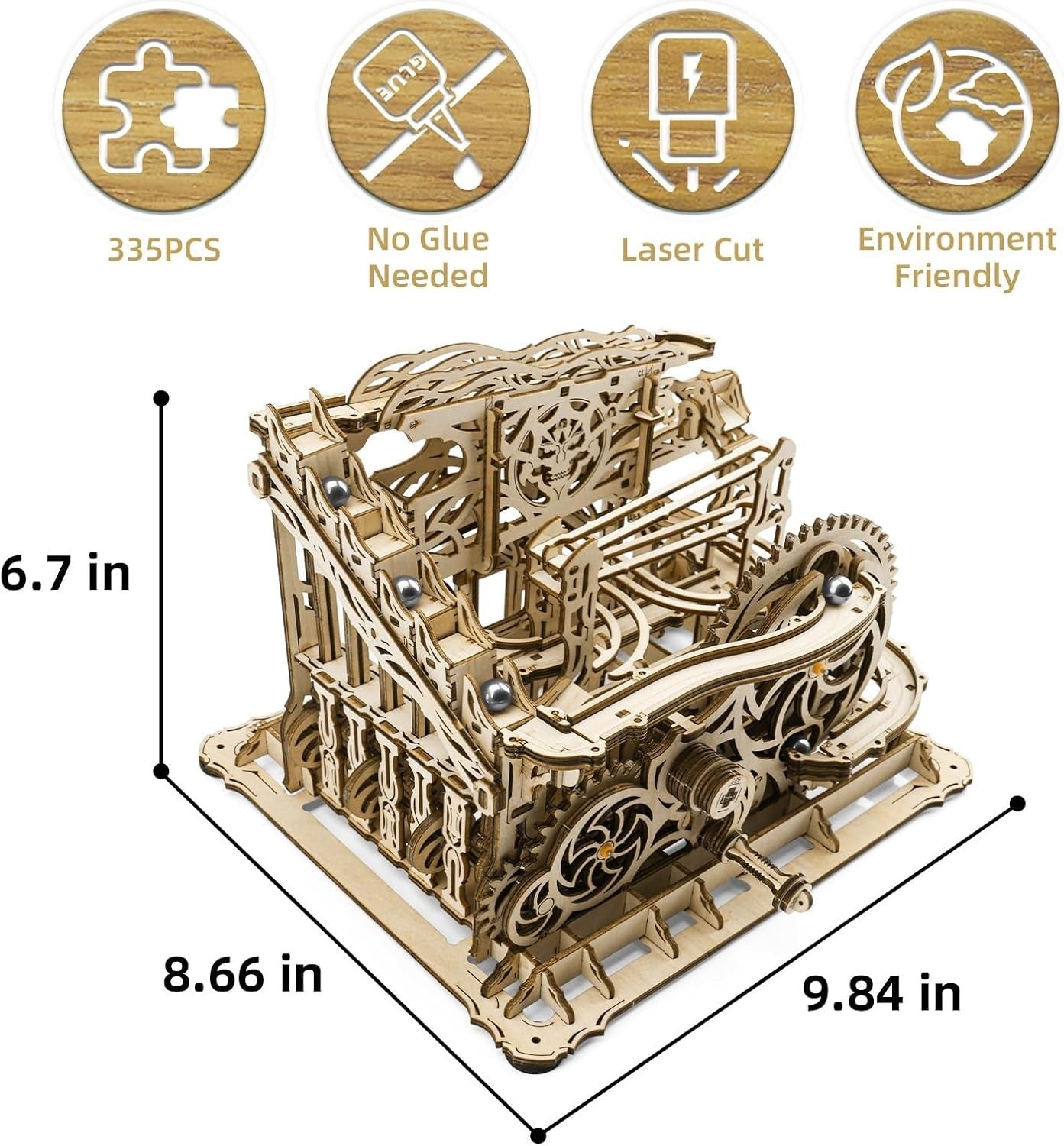 3D Wooden Marble Run Puzzle Mechanical Model Kit Hand Crank DIY Build