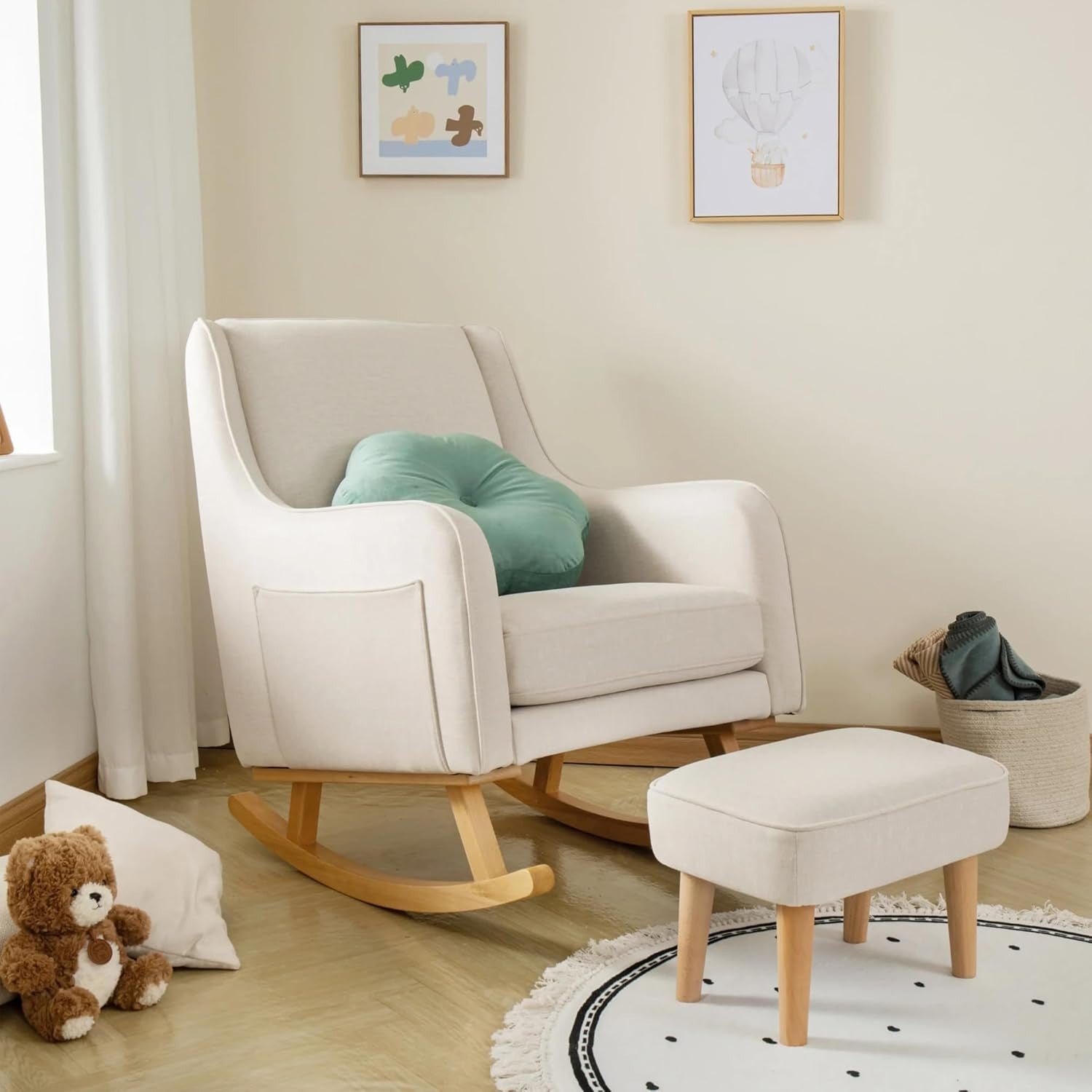 Luxury Nursery Rocking Chair w/ Footstool - Comfy, Stylish, Soft Fabric