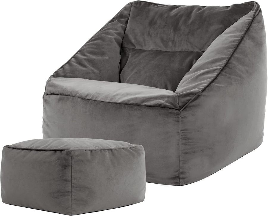 Charcoal Grey Velvet Bean Bag Chair Adult Armchair with Footstool Seat