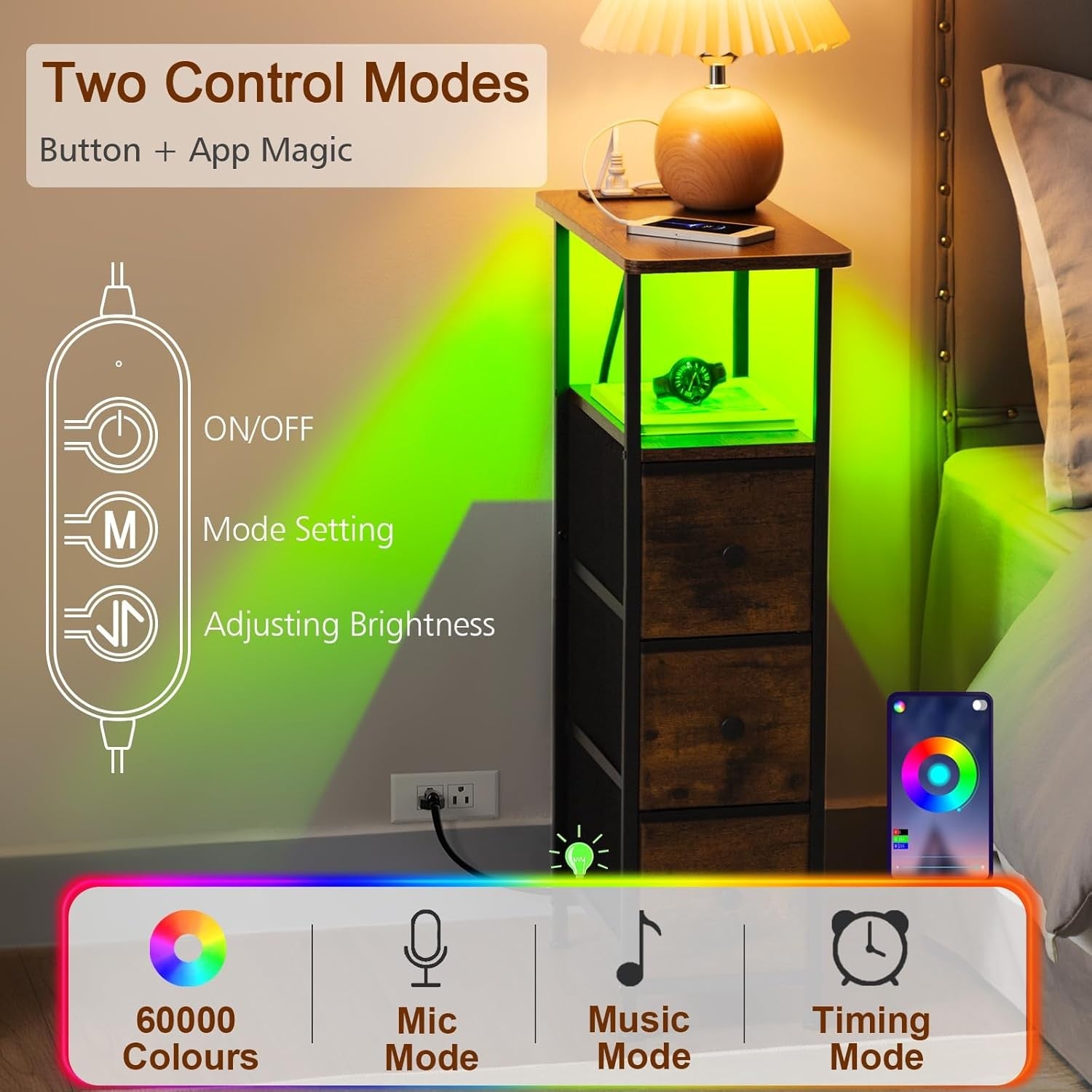 Slim Bedside Tables Set of 2 with LED Light, Charging Ports & Storage Drawers