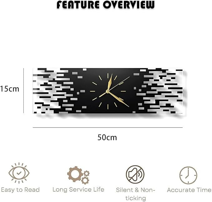 Modern Rectangular Black Wall Clock 50cm Silent Non-Ticking Acrylic Minimalist