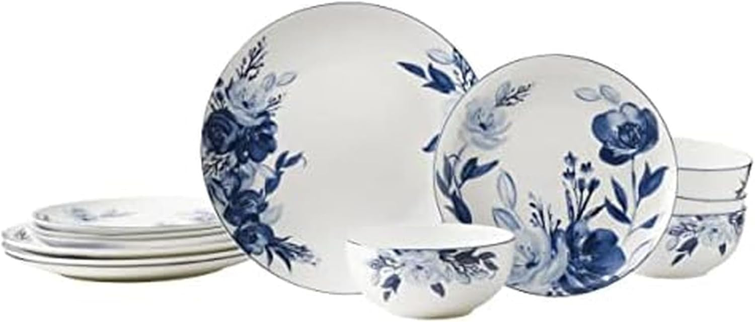 12pc Bone China Dinner Set Blue White Floral Plates Bowls Service for 4