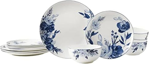 12pc Bone China Dinner Set Blue White Floral Plates Bowls Service for 4