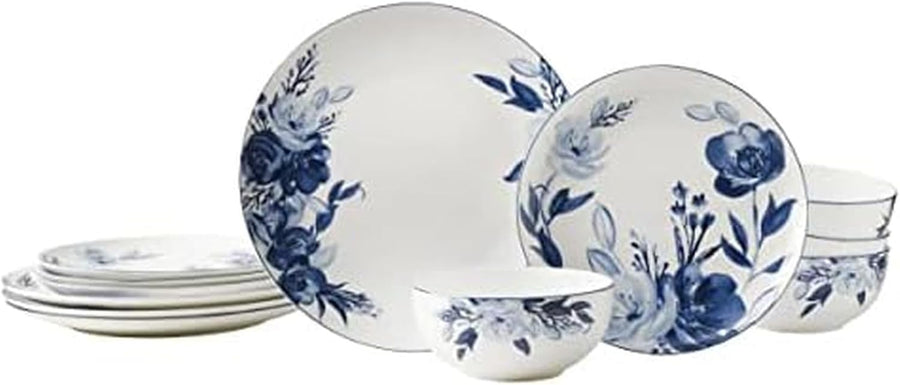 12pc Bone China Dinner Set Blue White Floral Plates Bowls Service for 4