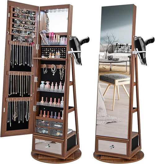 360° Swivel Jewelry Cabinet Mirror LED Lights Lockable Storage Walnut