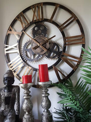 Large Rustic Gold Metal Skeleton Wall Clock - Silent Roman Numerals Decor