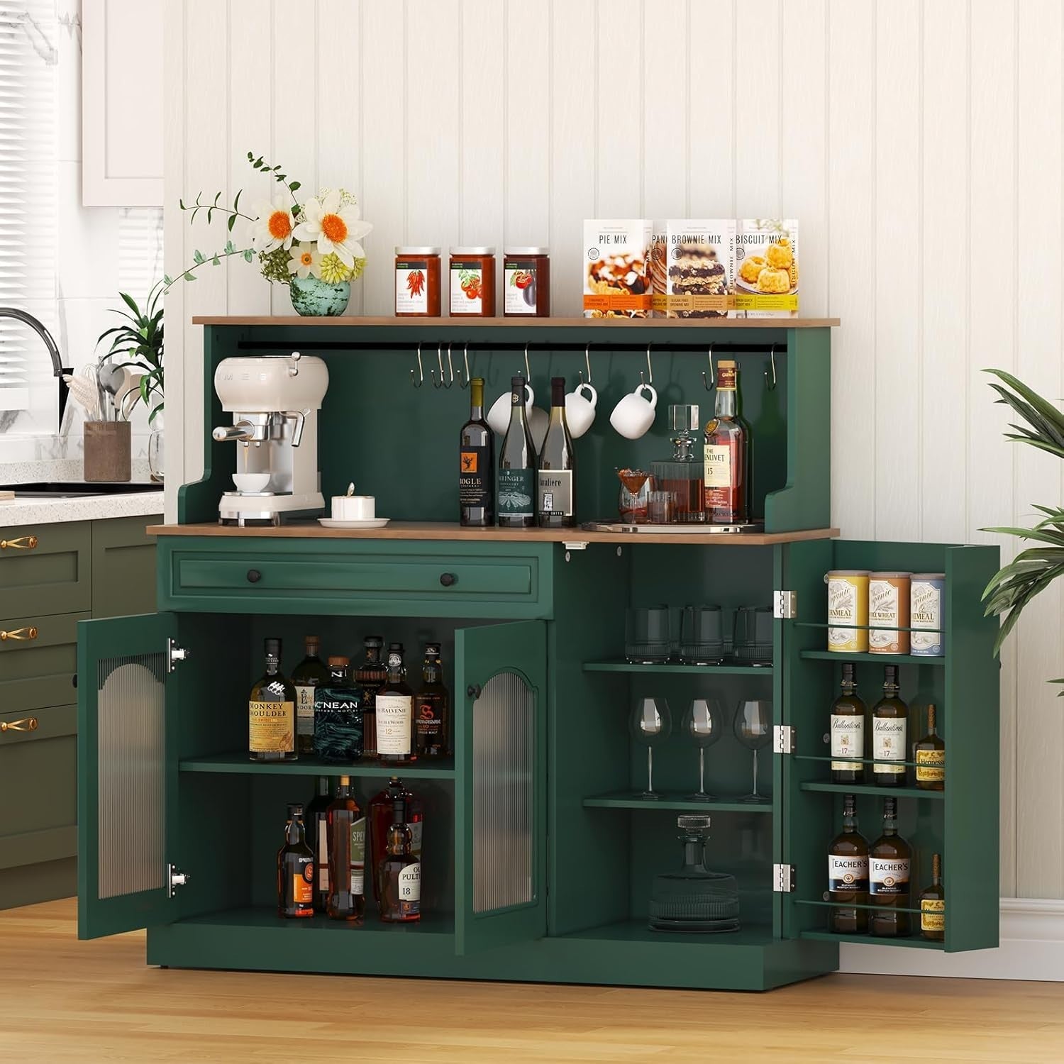 Kitchen Pantry Cupboard Microwave Cabinet Coffee Station Green