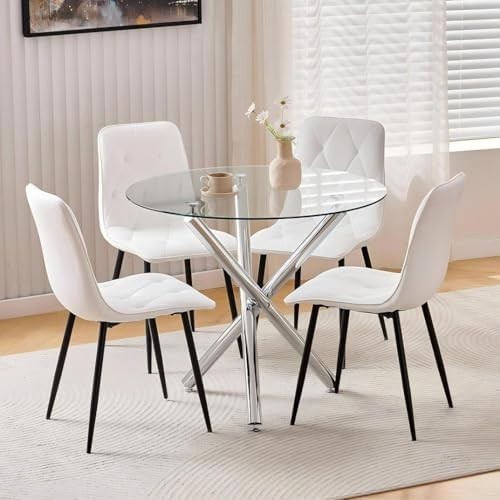 Round Glass Dining Table Set 4 Seater 90cm Velvet White Compact Kitchen