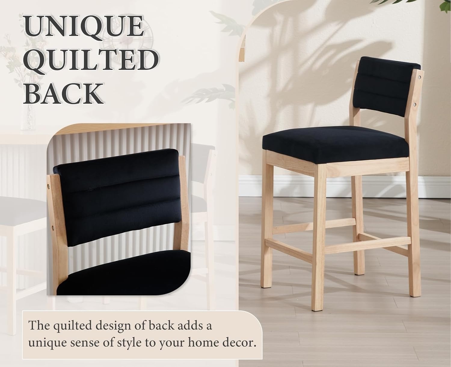 Modern Black Velvet Bar Stools Set of 2 – Wooden Leg Counter Chairs