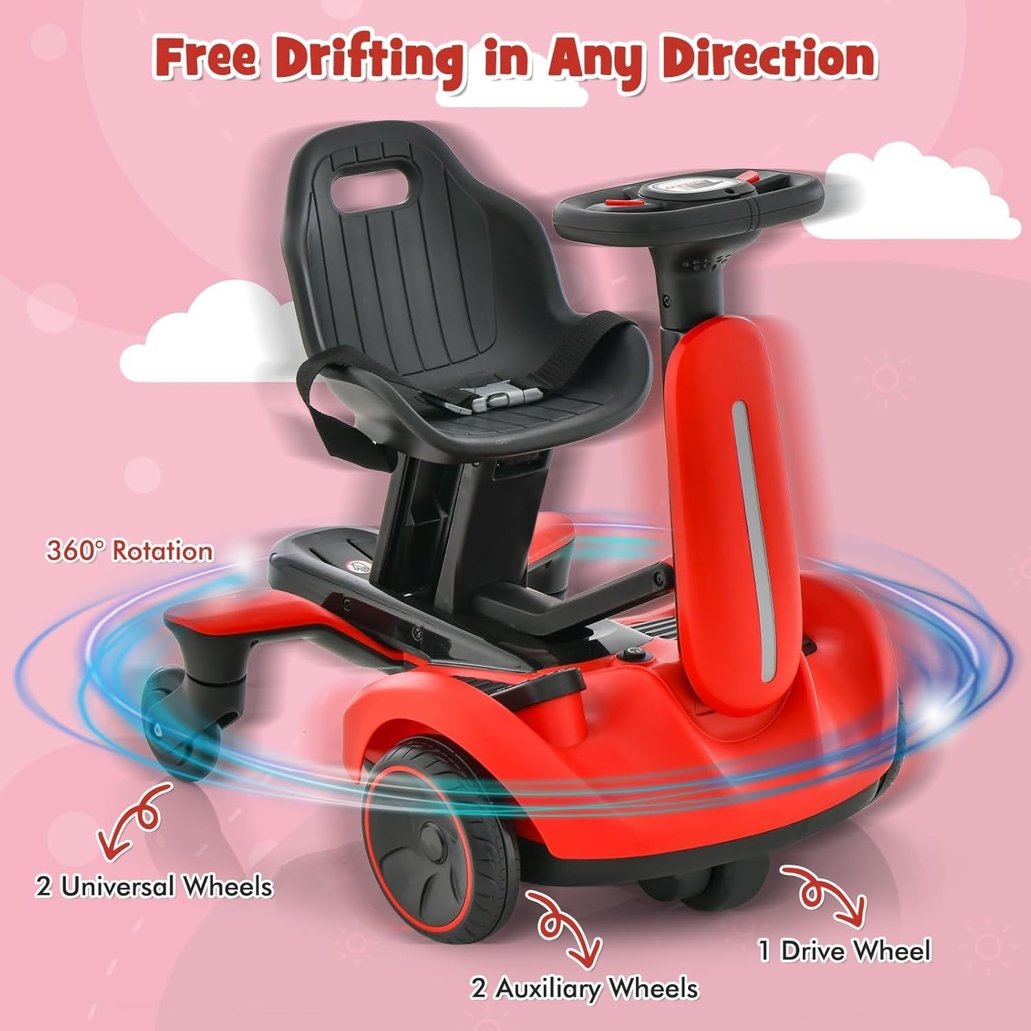 Kids Electric Drift Go Kart 6V Ride On Car 360 Spin Adjustable Seat Red