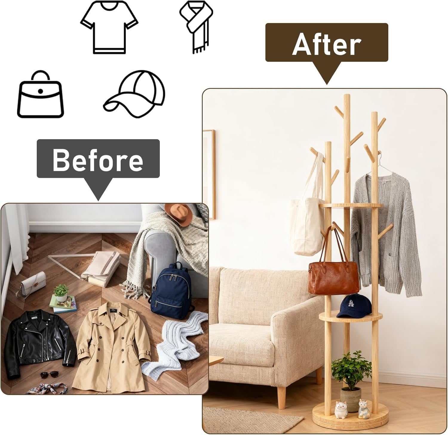 Wooden Coat Rack Stand with 8 Hooks & 3 Shelves | Freestanding Hall Tree