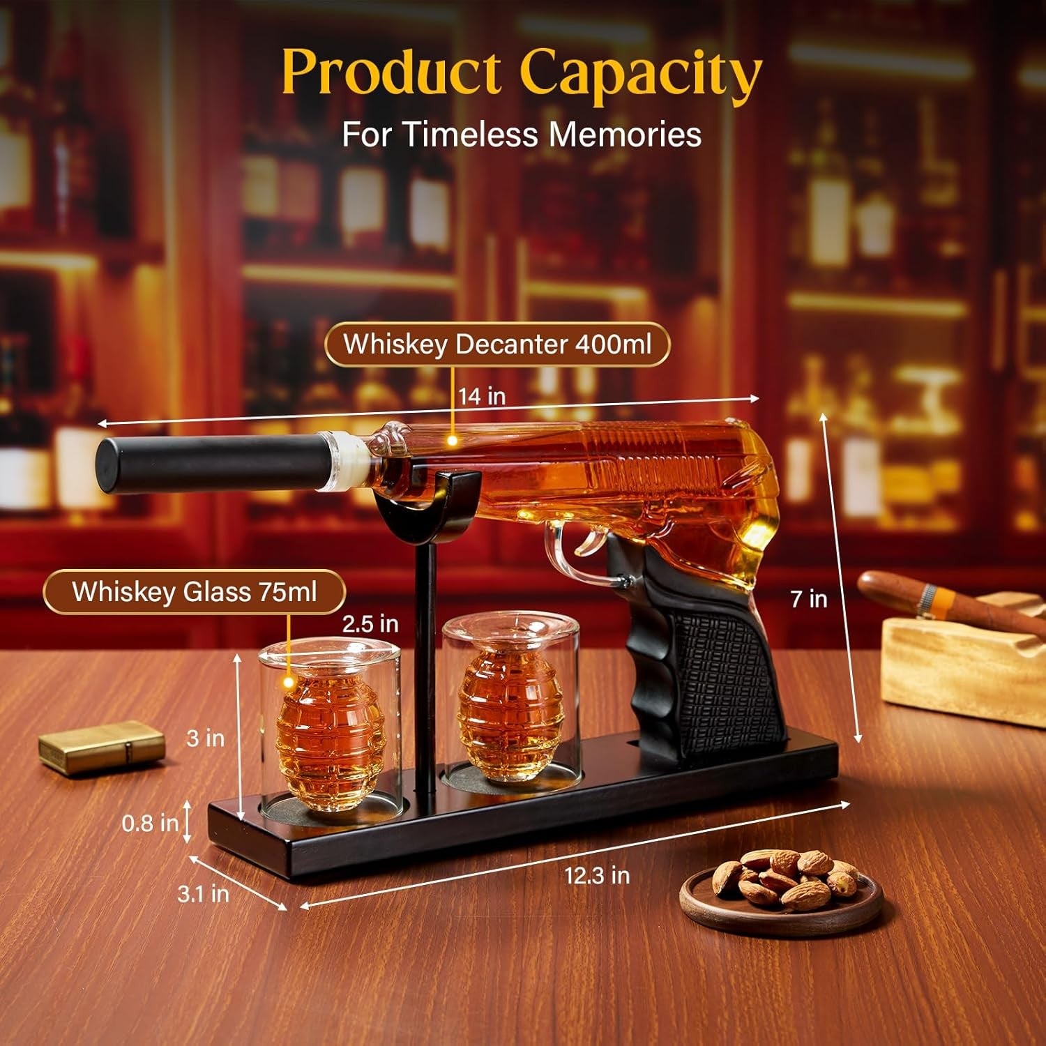 Gun Whiskey Decanter Set with 2 Grenade Glasses | 400ML Liquor Gift Set Men