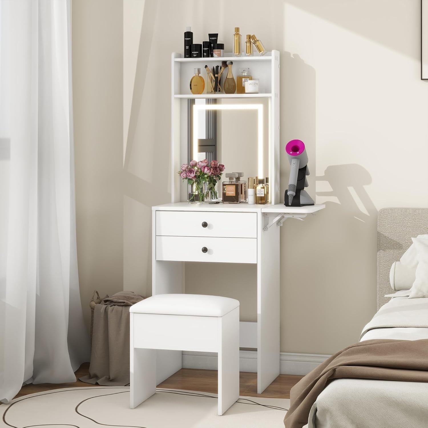 LED Vanity Dressing Table Mirror Desk Stool Set Compact Small Space Storage Whit