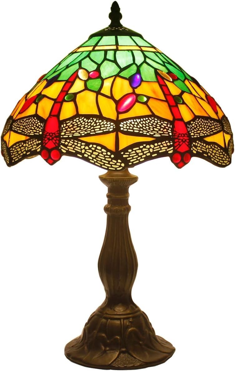 Stained Glass Tiffany Table Lamp 12x12x18in Green Yellow Bronze Base
