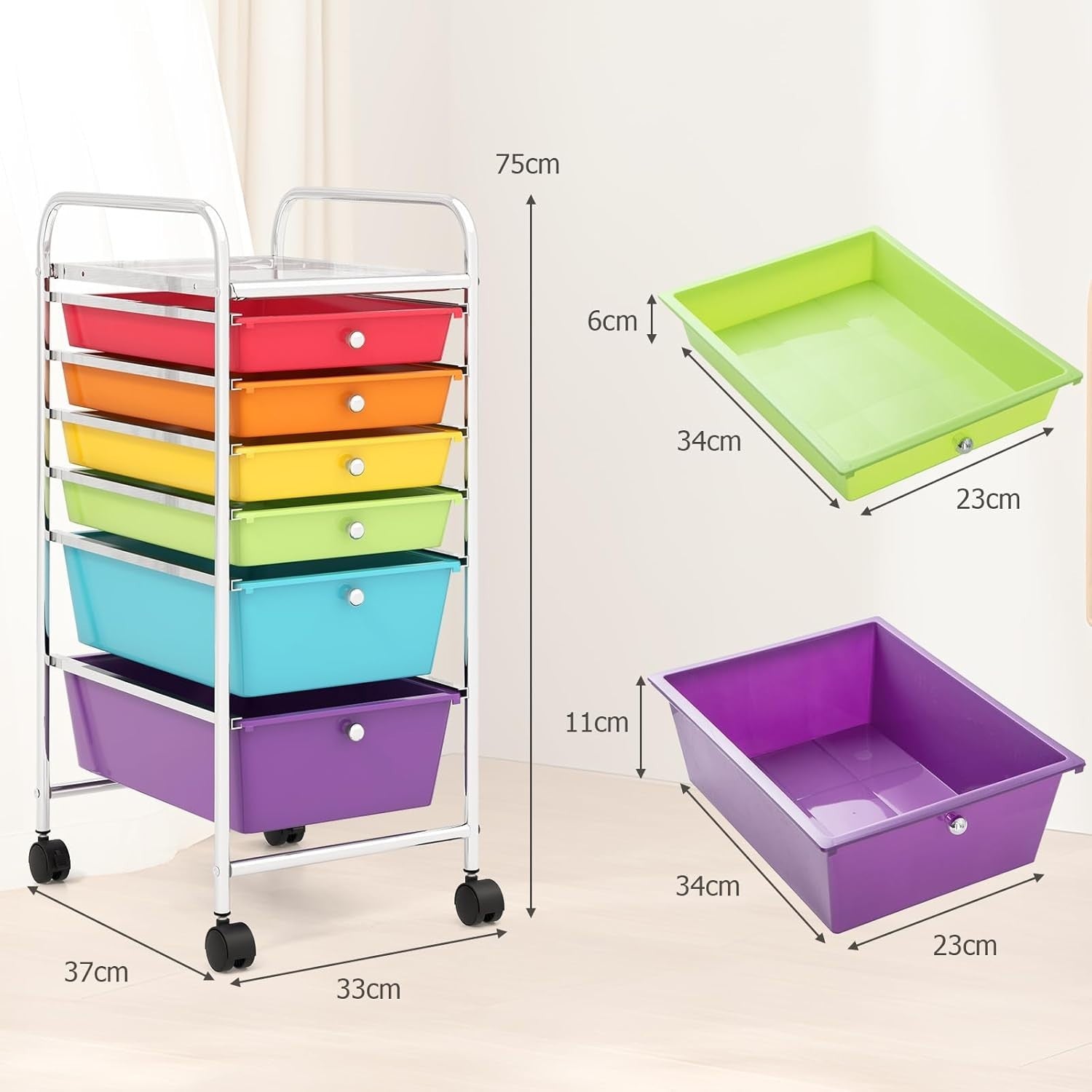 6 Drawer Rainbow Storage Trolley Rolling Organizer Cart with Wheels
