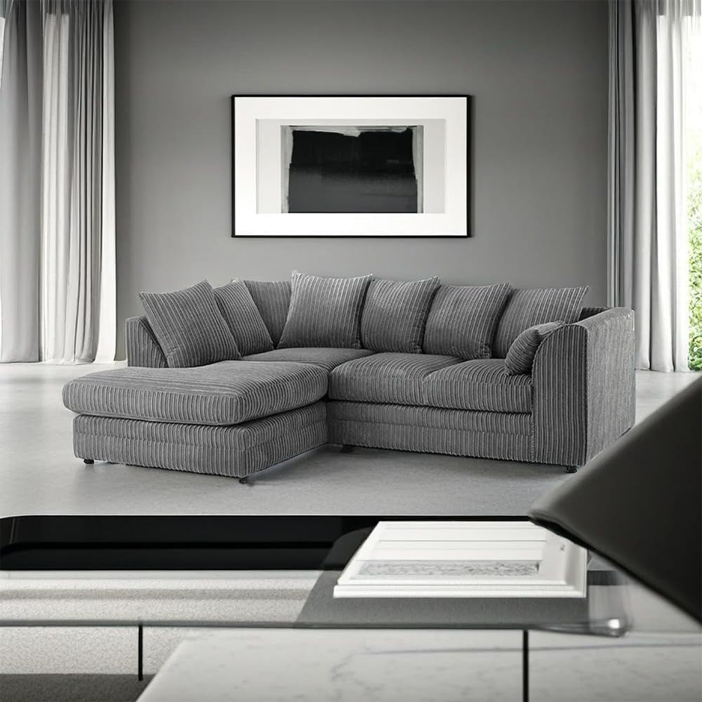 Grey Jumbo Cord L Shape Corner Sofa 4 Seater LH – Comfy Modular Couch