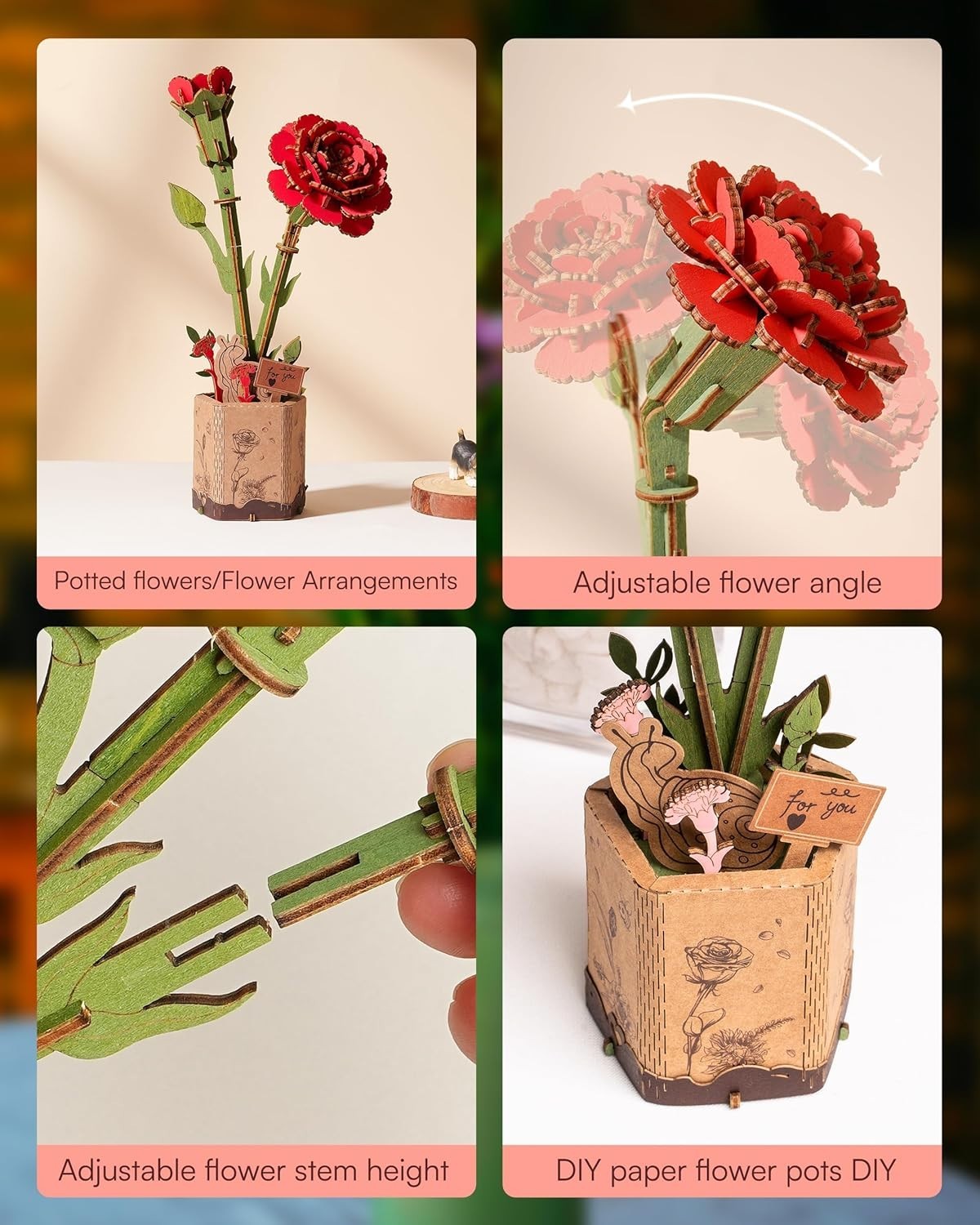 3D Wooden Flower Puzzle Kit for Adults – Red Carnation Gift Decor