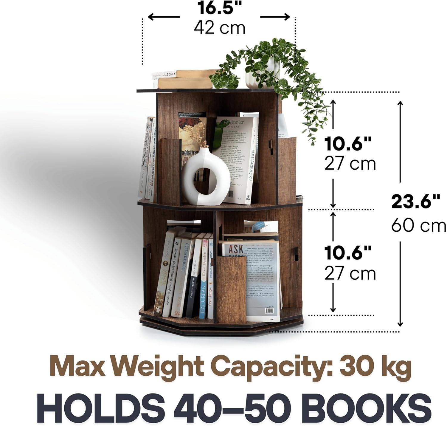 2 Tier Rotating Kids Bookshelf Walnut Corner Shelf Space-Saving Storage Organize