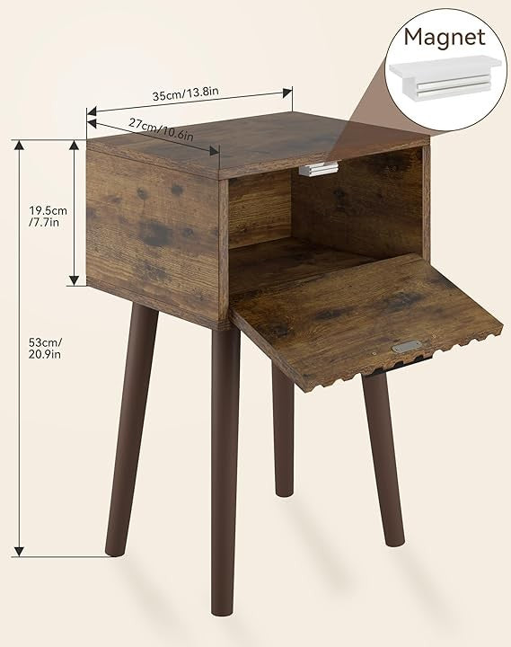 Rustic Brown Fluted Bedside Tables Set of 2, Small End Tables with Drawer & Wood