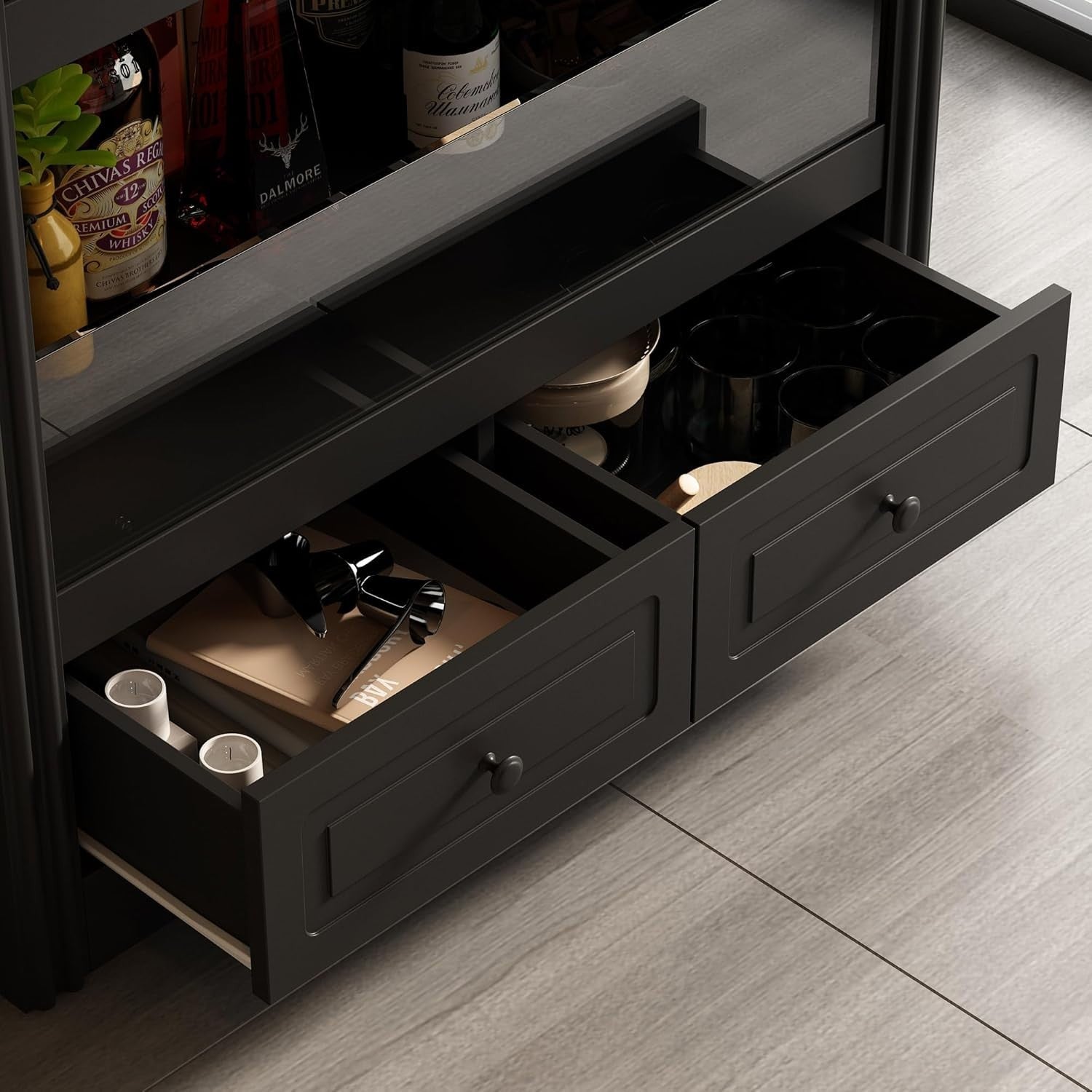 Black Wine Bar Cabinet with Glass Doors & Drawers, Modern Drinks Storage Unit