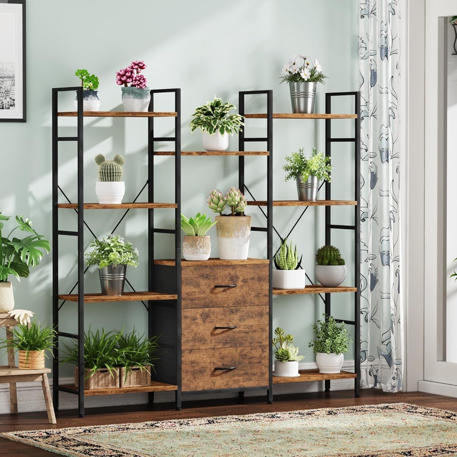 100cm Wide 4-Tier Tall Bookcase with 3 Fabric Drawers Industrial Storage Unit