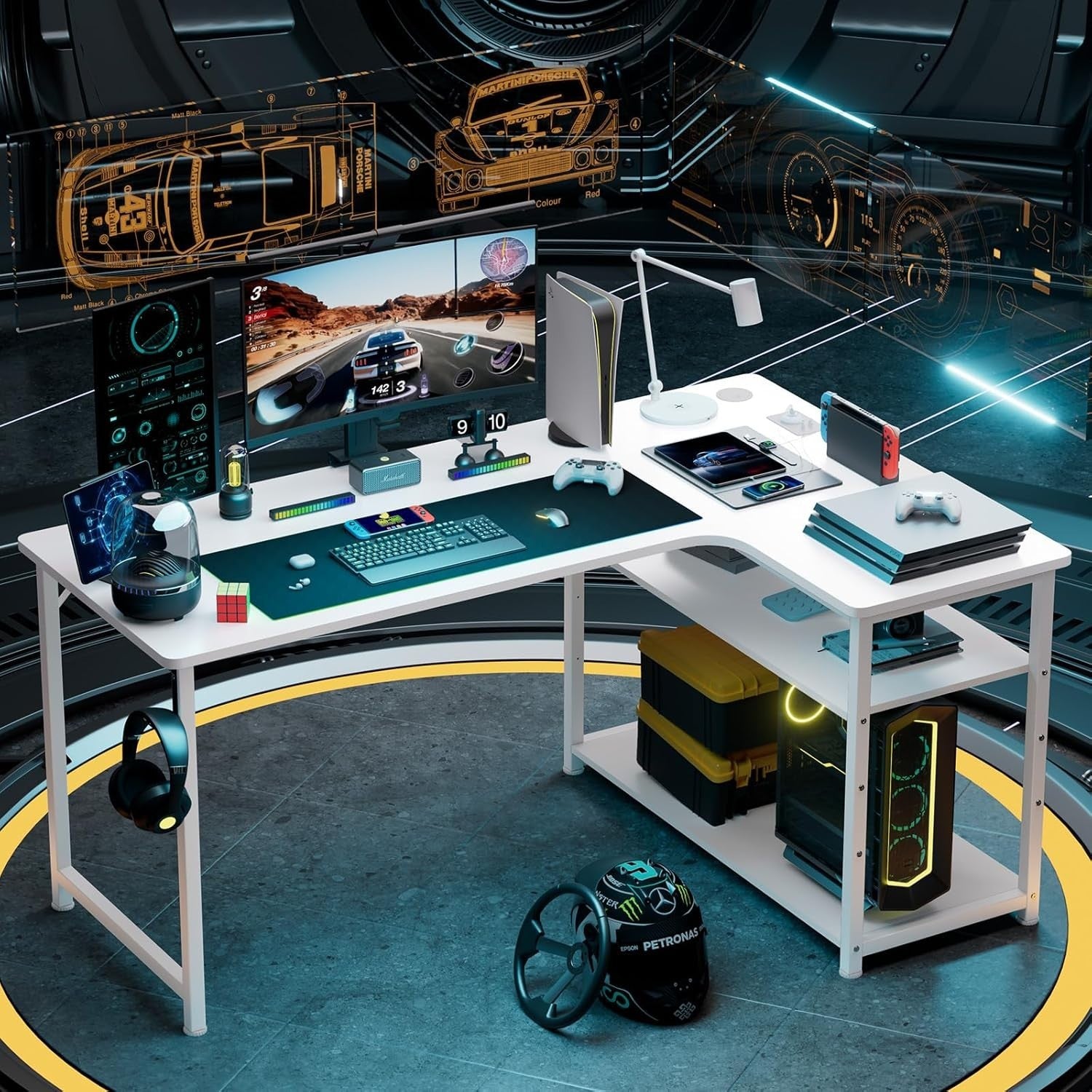 L Shaped Gaming Desk 130x80cm with USB Ports & Shelves – Corner Workstation