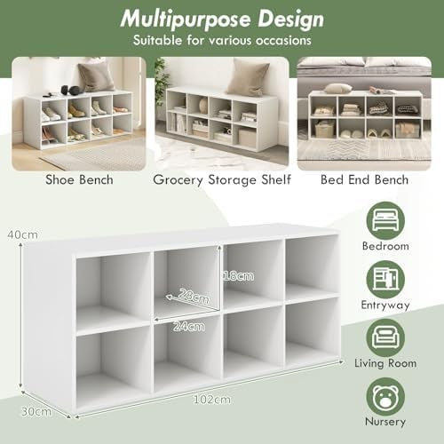 White Shoe Bench with 8 Compartment Storage Rack Seat for Hallway Bedroom