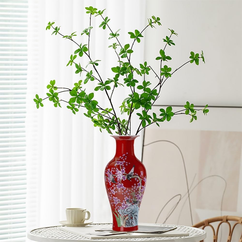 14 Inch Red Ceramic Flower Vase Hand Painted Elegant Table Centerpiece