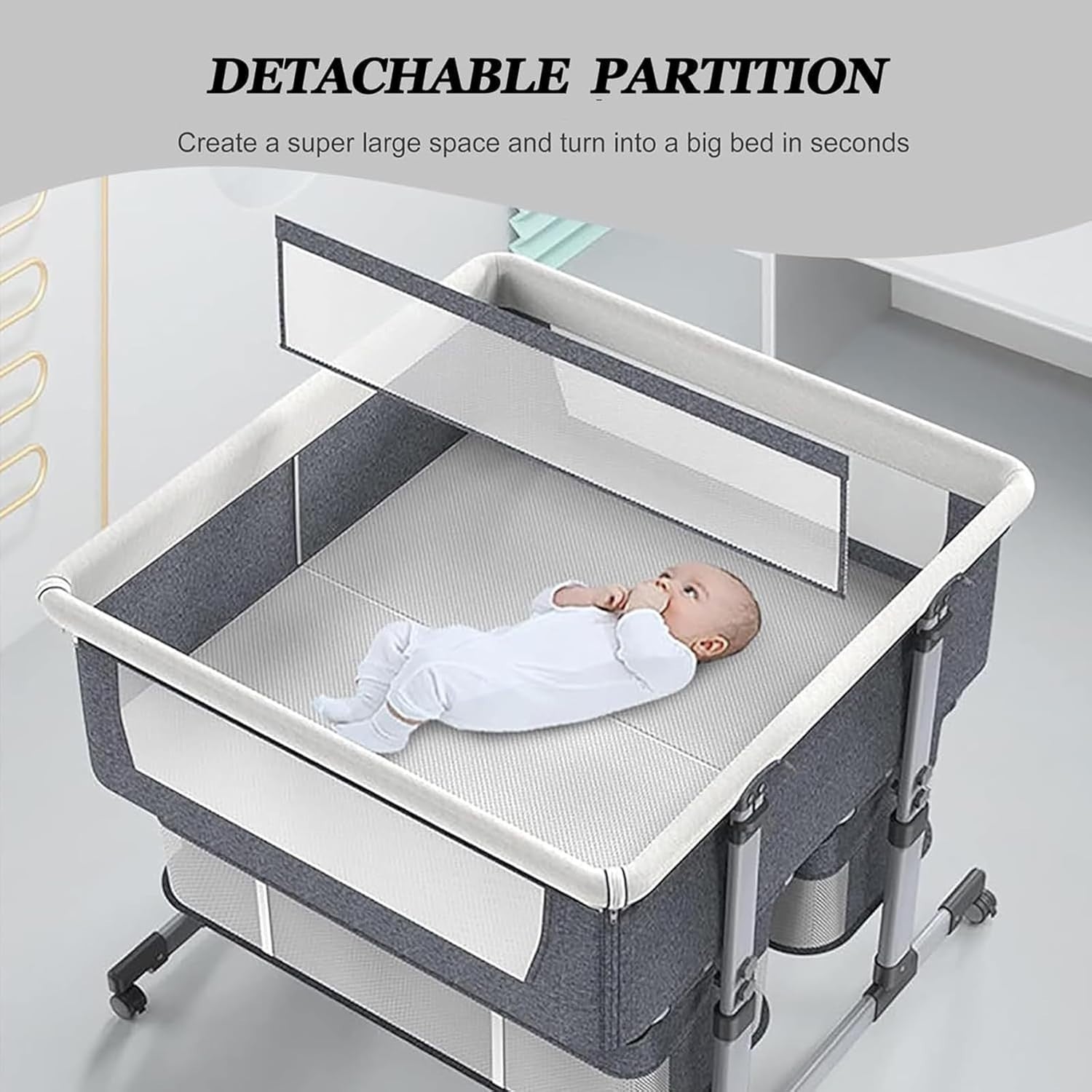 Twin Baby Crib Bassinet Adjustable Bedside Cot with Storage & Mattress Grey