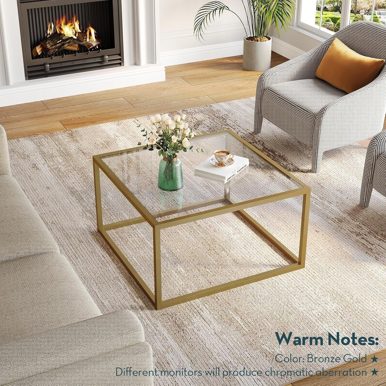Modern Glass Coffee Table Gold Frame – Small Space Square 68x68x40cm