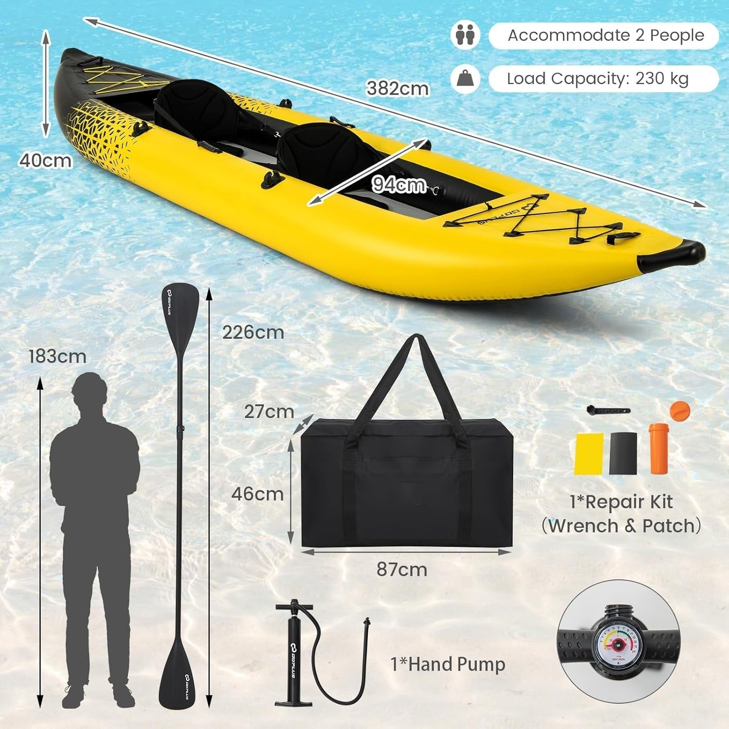 12.5FT Inflatable Kayak Canoe Set 2 Person w/ Oars Pump Yellow
