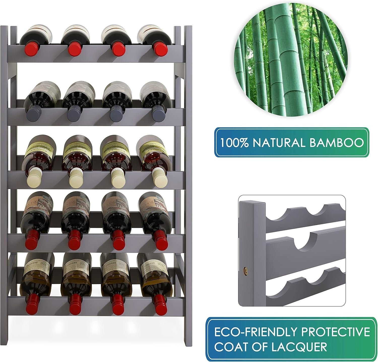 5 Tier Wooden Wine Rack 20 Bottle Free Standing Storage Shelf Grey Kitchen Bar