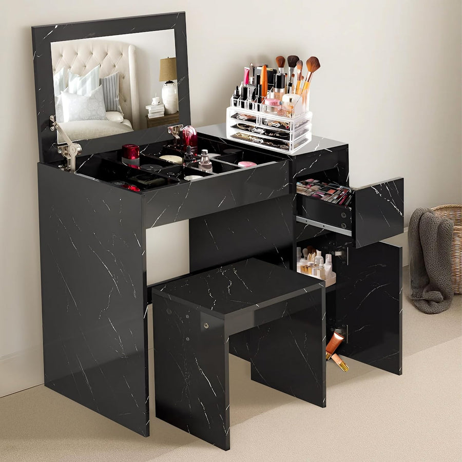 2-in-1 Dressing Table Vanity Makeup Desk Flip Mirror Storage Drawer Black Marble