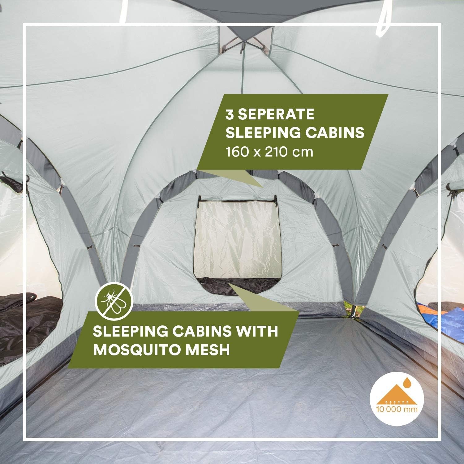 6 Man Family Dome Tent 3000mm Waterproof 3 Cabins Sun Canopy