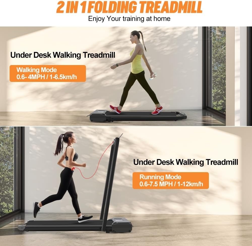2-in-1 Foldable Under Desk Treadmill 2.5HP LED Home Gym Black