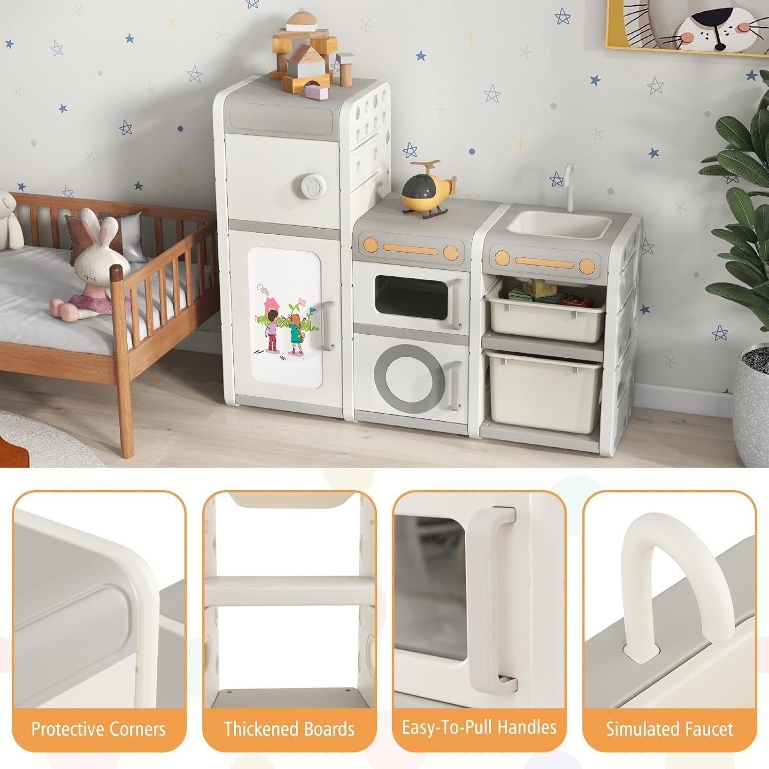 Kids Toy Storage Unit with Cabinets & Whiteboard Play Kitchen Shelf 116cm
