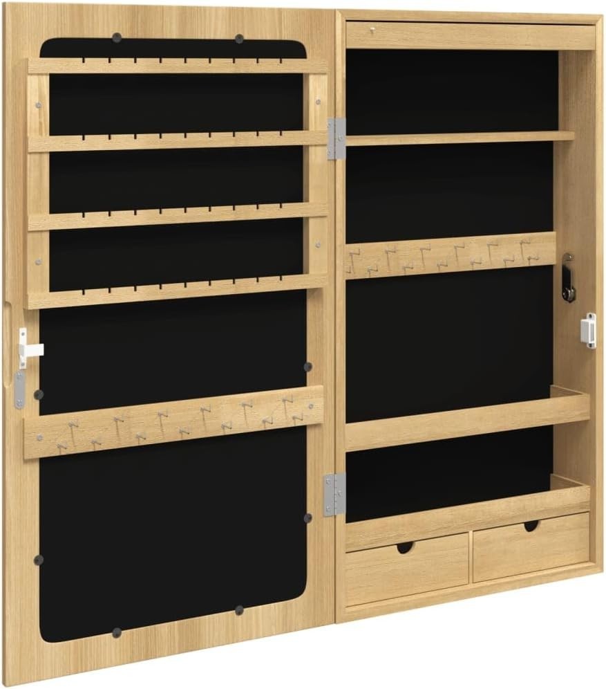 Brown LED Mirror Jewellery Cabinet Wall Mounted Lockable Storage