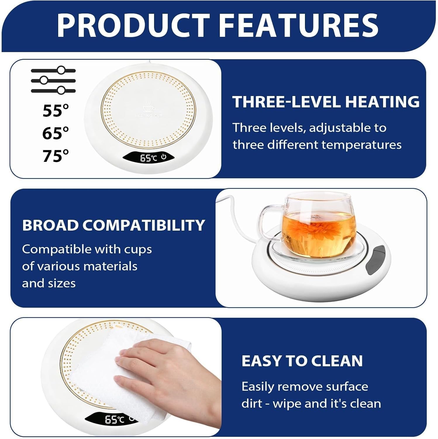 White USB Coffee Mug Warmer 3 Temp LED Desk Cup Heater