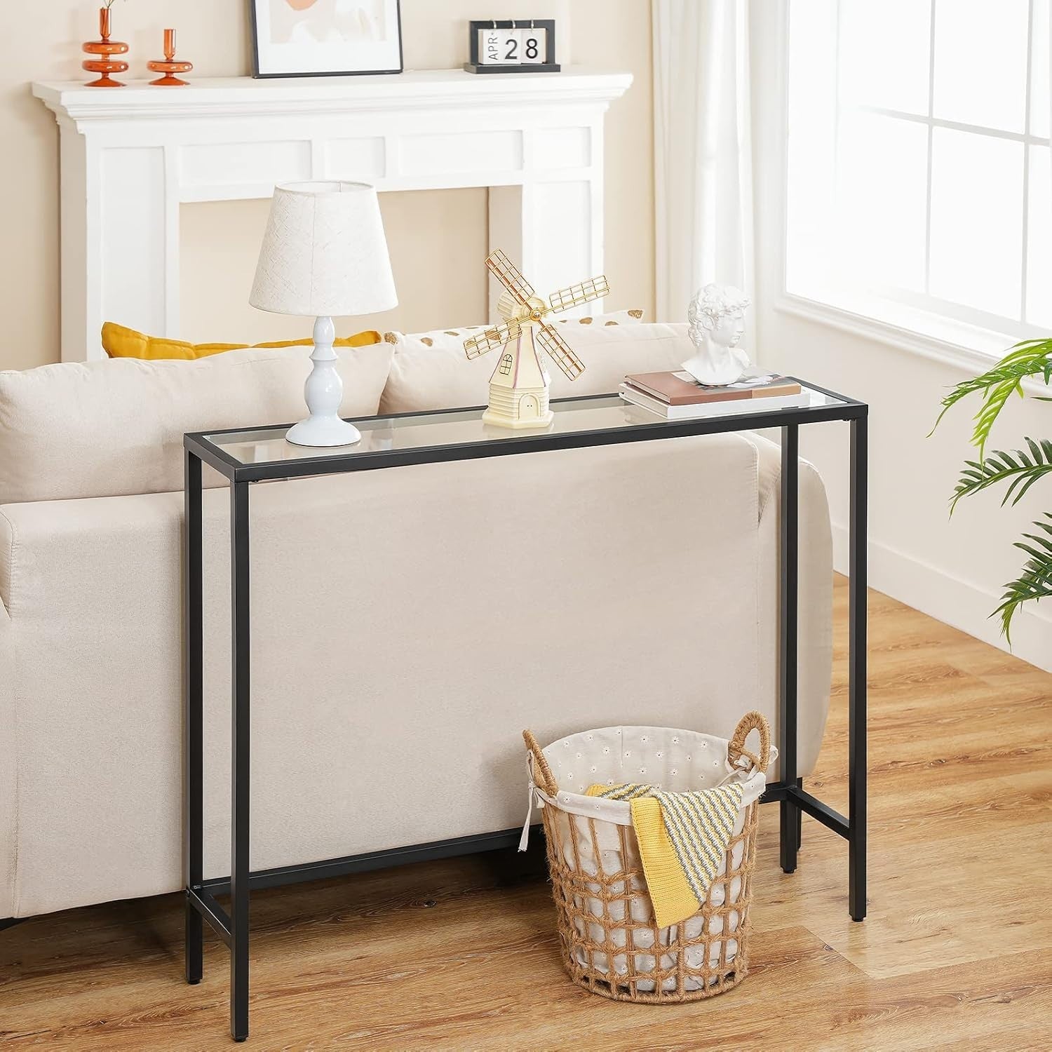 Slim Black Console Table with Tempered Glass, Adjustable Feet, 100x22x80 cm