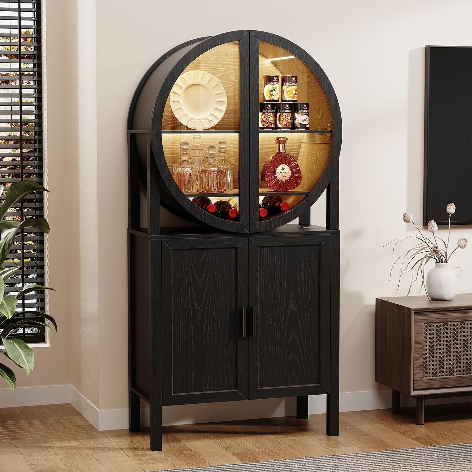 Round Wine Bar Cabinet with LED Lights, Tall Drinks Display Storage Unit, Black