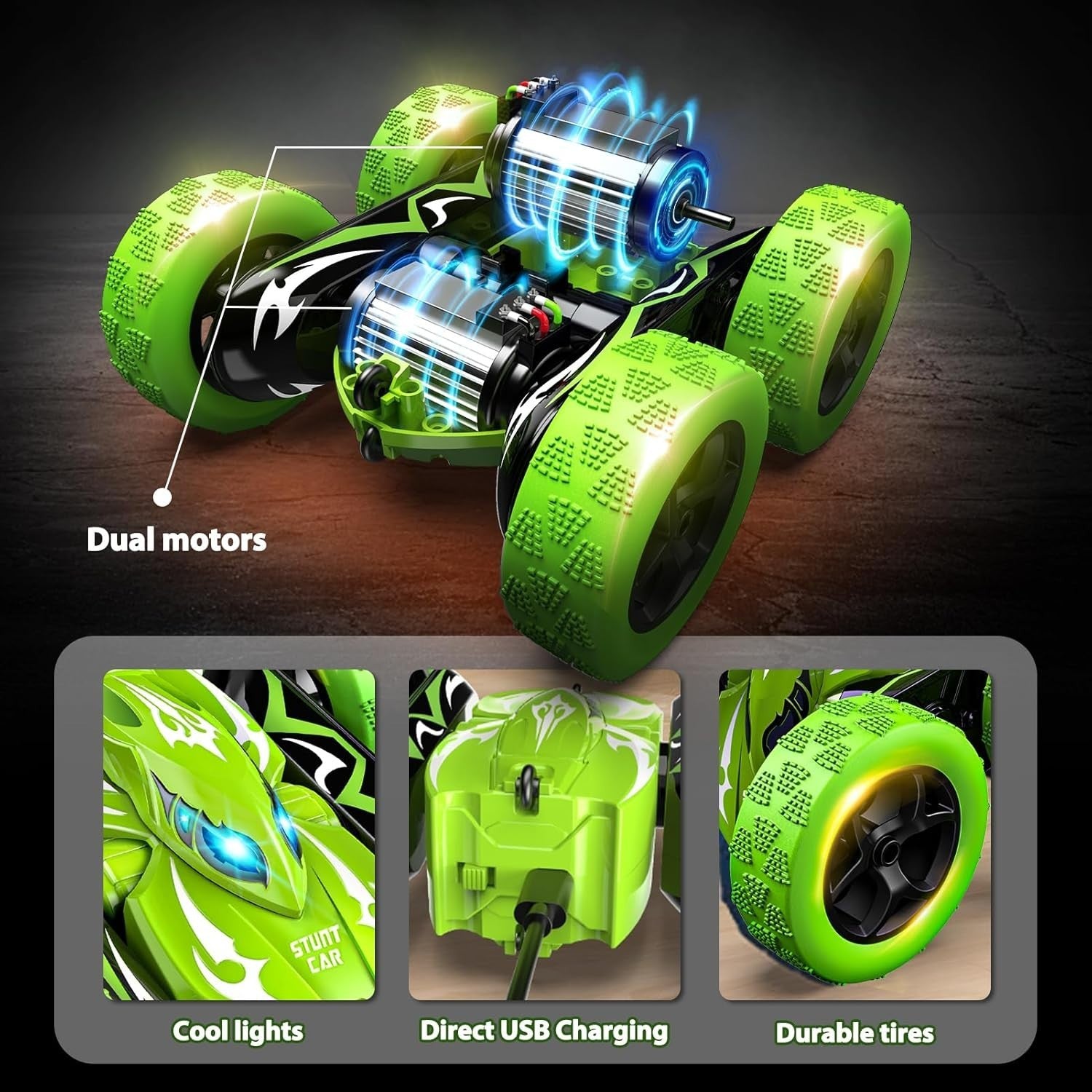 4WD RC Stunt Car 15KM/H Fast USB Rechargeable LED Toy for Boys Age 3–9