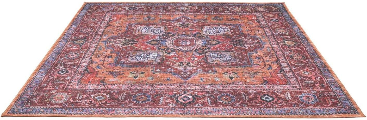 Large Oriental Area Rug 240x240cm Red Blue Square Low Pile Machine Washable